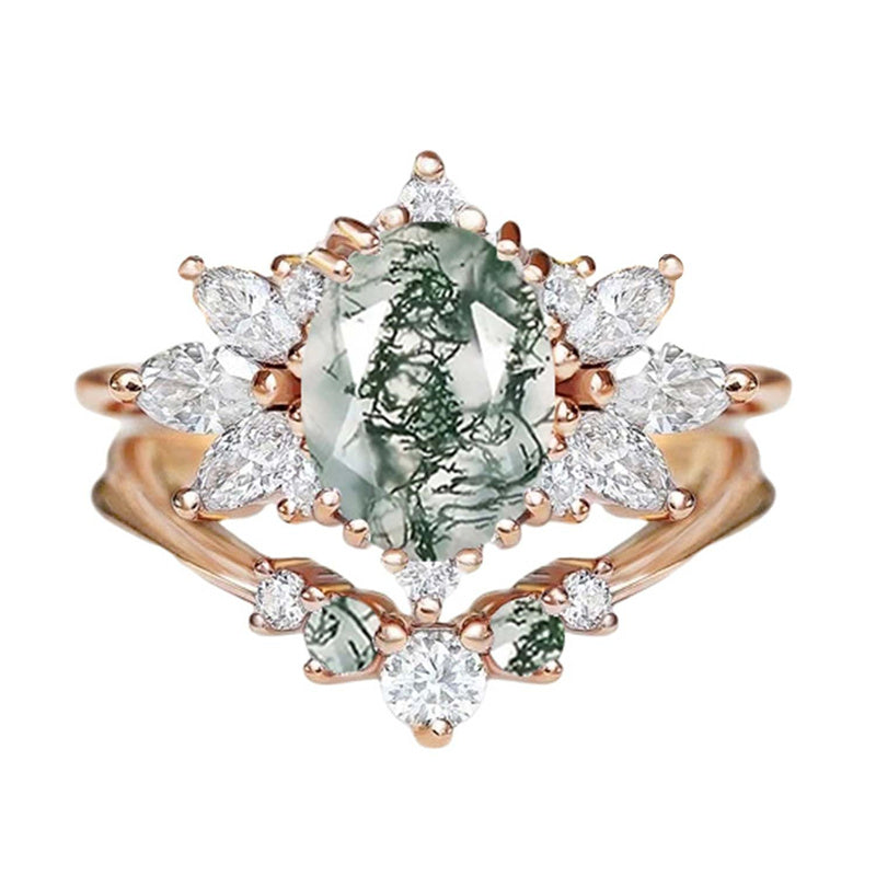 Sterling Silver Personalized  Engraved  Oval Cut Moss Agate Engagement Wedding Ring Set for Women