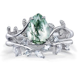 Sterling Silver Pear Kite Round Oval Cut Natural Moss Agate Leaf Engagement Wedding Promise Ring Set