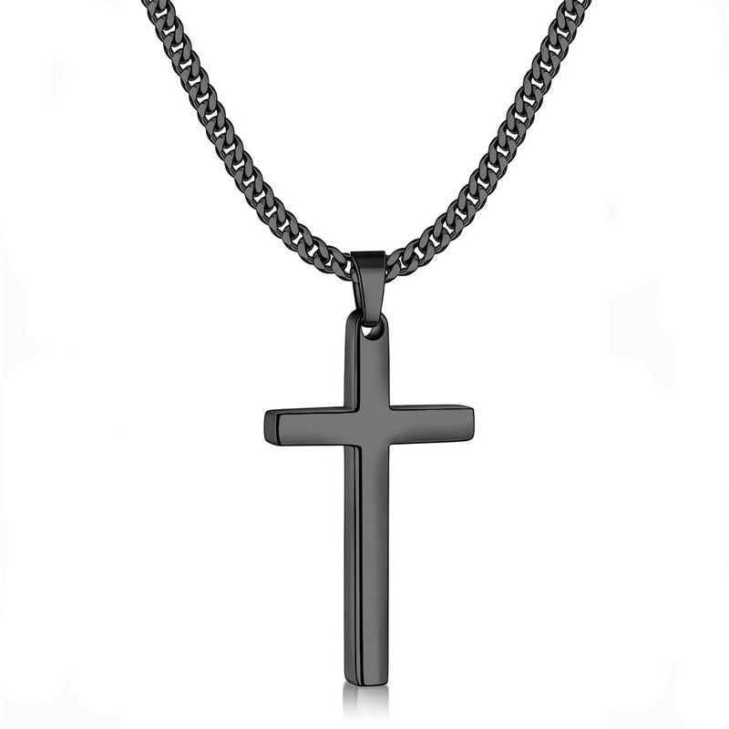Sterling Silver Cross Pendant Necklace with 3.0mm Stainless Steel Cuban Chain
