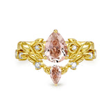 Sterling Silver 10K 14K 18K Gold Pear Cut Gemstone Leaf  Engagement Ring Set