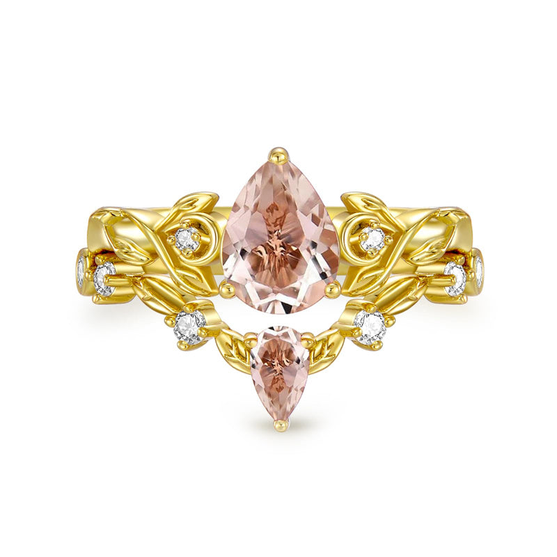 Sterling Silver 10K 14K 18K Gold Pear Cut Gemstone Leaf  Engagement Ring Set