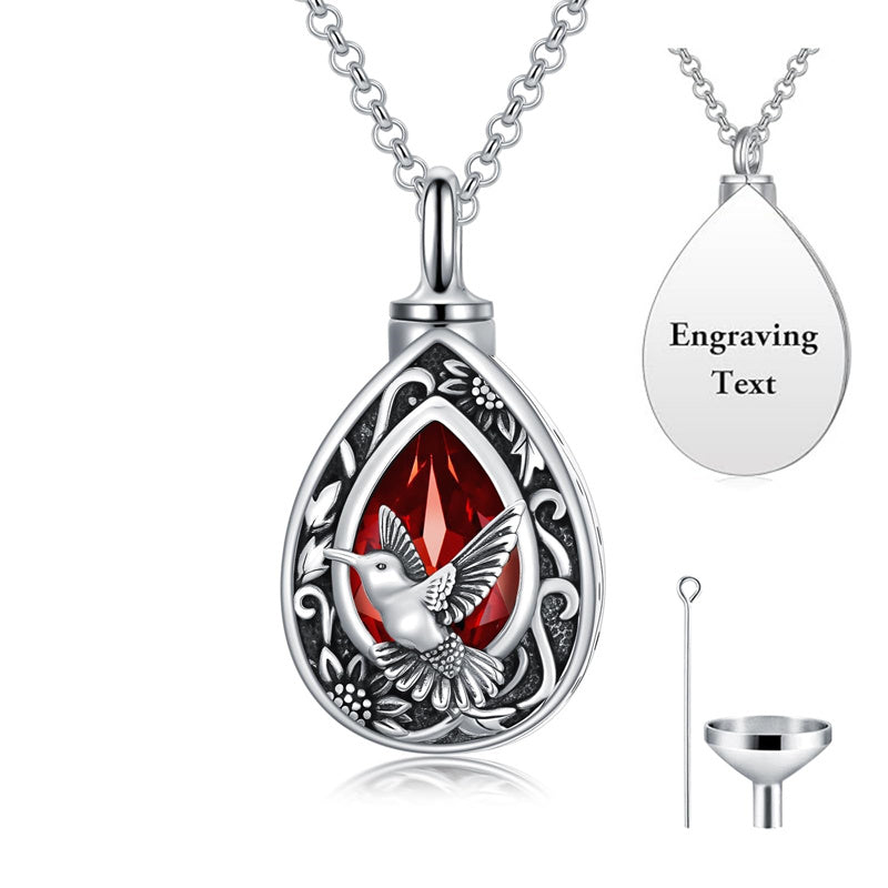 Sterling Silver Personalized Red Cubic Zirconia Butterfly Hummingbird Urn Necklace for Ashes