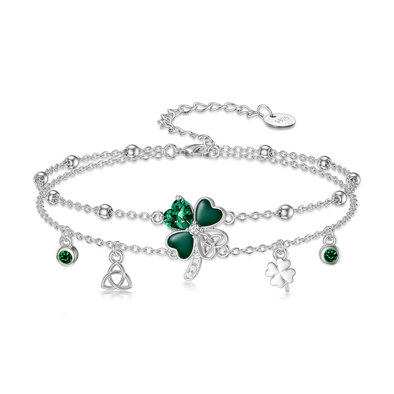 Sterling Silver Four Leaf Clover Multi-layered Anklet