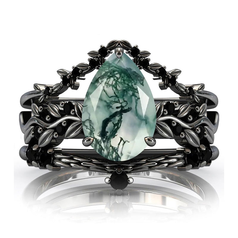 Sterling Silver Personalized Engraved Pear Moss Agate Engagement Black Ring Set Bridal Rings Set