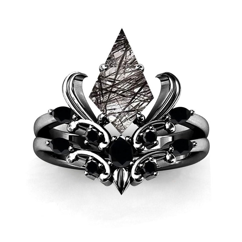 Sterling Silver 10K 14K 18K Personalized Engraved 2CT Natural Black Rutilated Quartz Engagement Ring Set