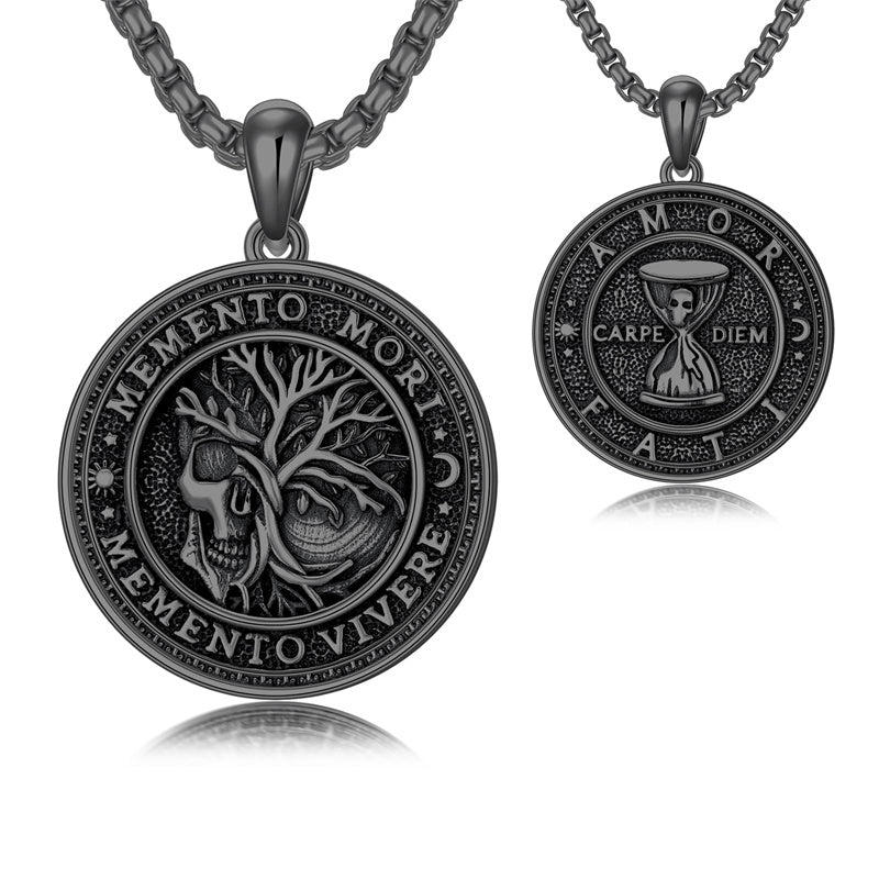 Sterling Silver Memento Mori Gothic Skull Amulet Pendant Necklace for Men