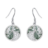 Sterling Silver Round Moss Agate Filigree Dangle Earrings
