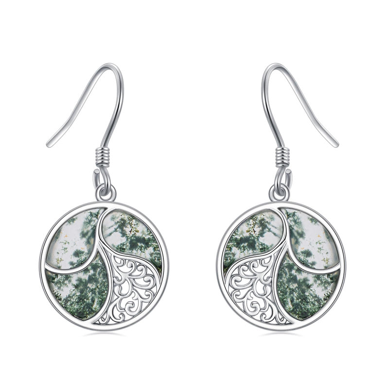 Sterling Silver Round Moss Agate Filigree Dangle Earrings