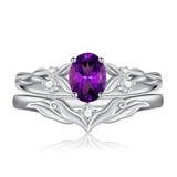 Sterling Silver 10K 14K 18K Gold  Oval Cut Unique Vine Gemstone Wedding Ring Set