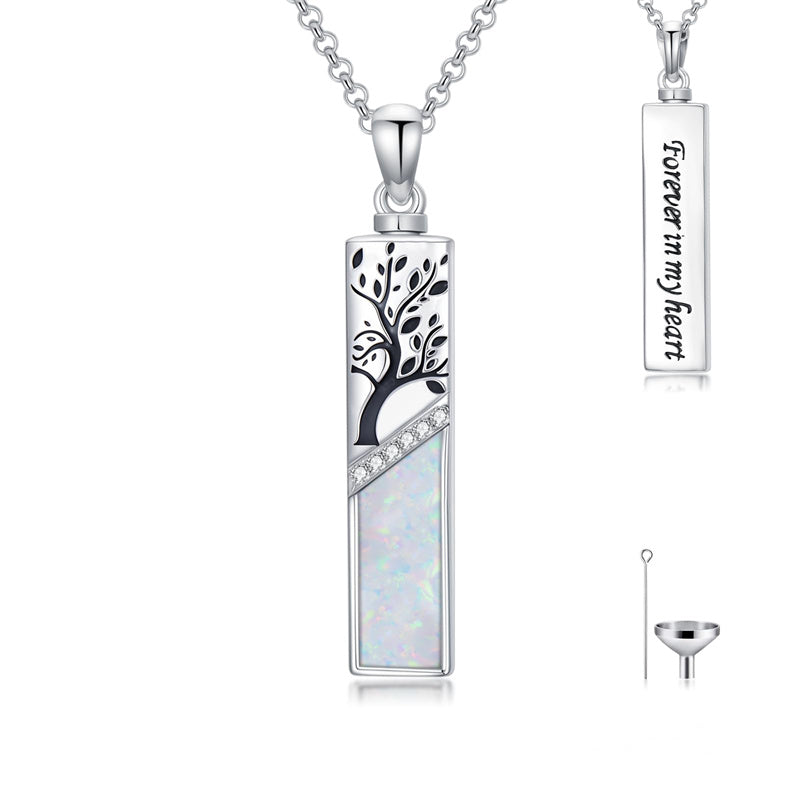 Sterling Silver  Opal Personalized Engraved Bar Pet  Butterfly Dragonfly Tree of Life  Urn Necklace for Ashes