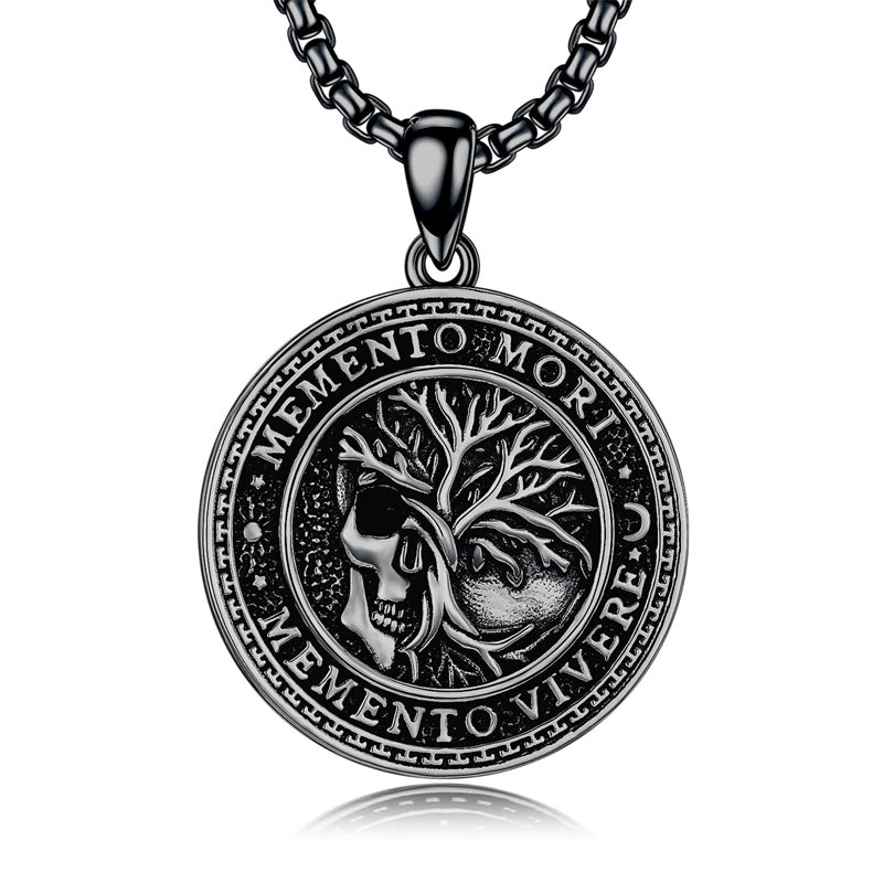 Sterling Silver Memento Mori Gothic Skull Amulet Pendant Necklace for Men