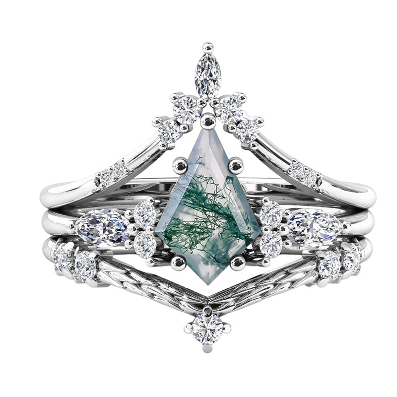 Sterling Silver Kite Cut Natural Moss Agate Ring