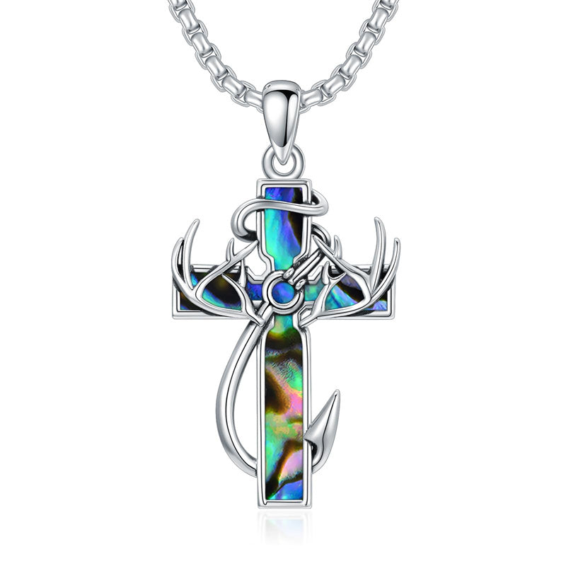 Sterling Silver Fish Hook Cross Pendant Necklace for Men
