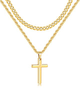 Sterling Silver Layered Cross Necklace for Men with Stainless Steel Cuban Link Rope Chain
