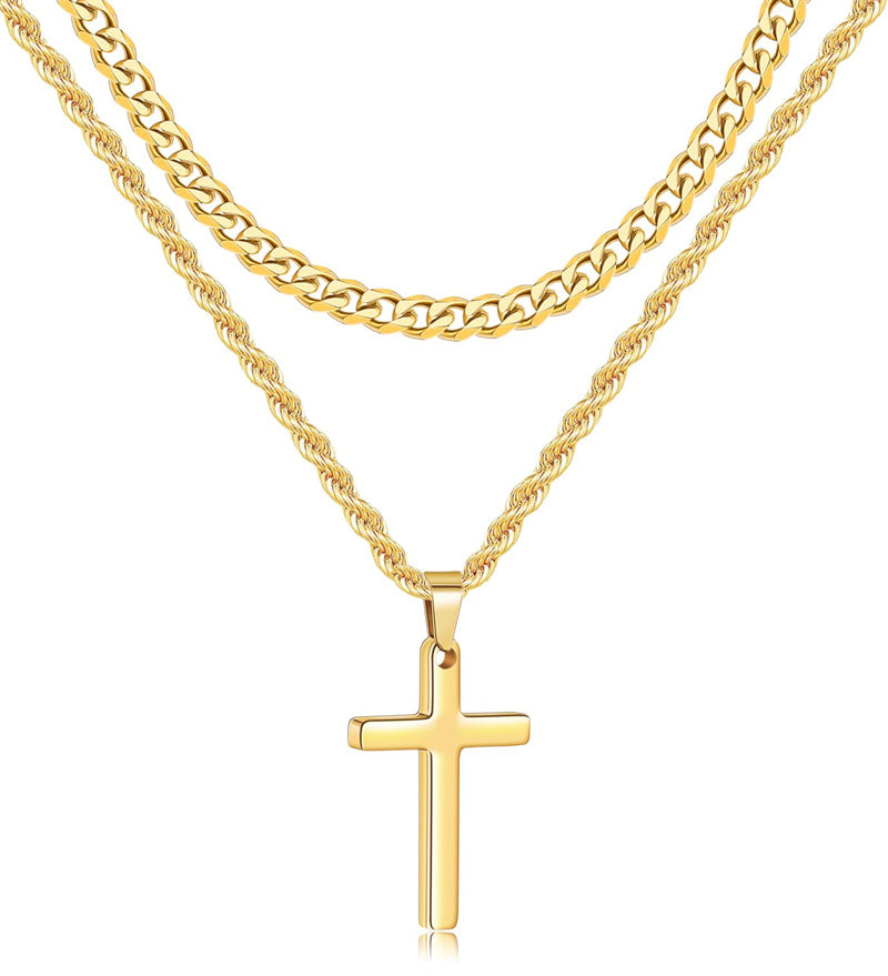 Sterling Silver Layered Cross Necklace for Men with Stainless Steel Cuban Link Rope Chain