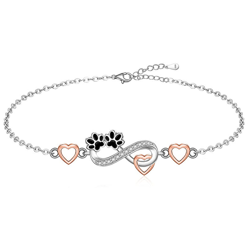 Sterling Silver Infinity Paw Print Single Layer Anklet