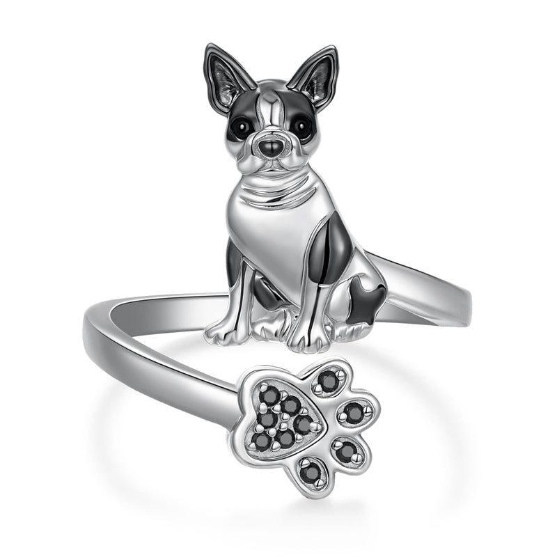 Sterling Silver Black Pug Doberman Boston Terrier Beagle Adjustable Ring