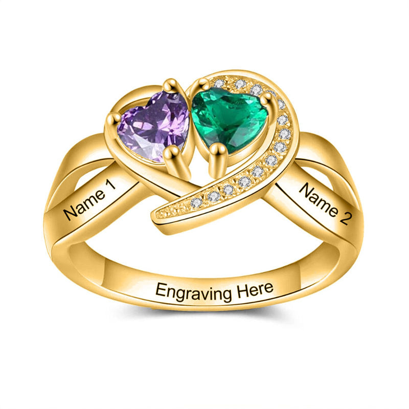 10K 14K 18 K Gold Personalized Engraved 2 Simulated Heart Birthstone Ring