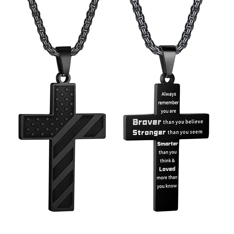 Stainless Steel Inspirational Bible Verse American Flag Pendant Necklace for Men