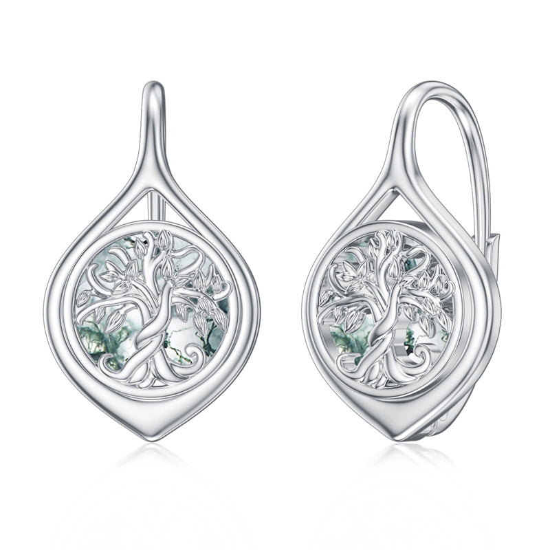 Sterling Silver Moss Agate Tree of Life Leverback Earrings