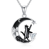 Sterling Silver Heart Birthstone Moon Star Black Cat Pendant Necklace