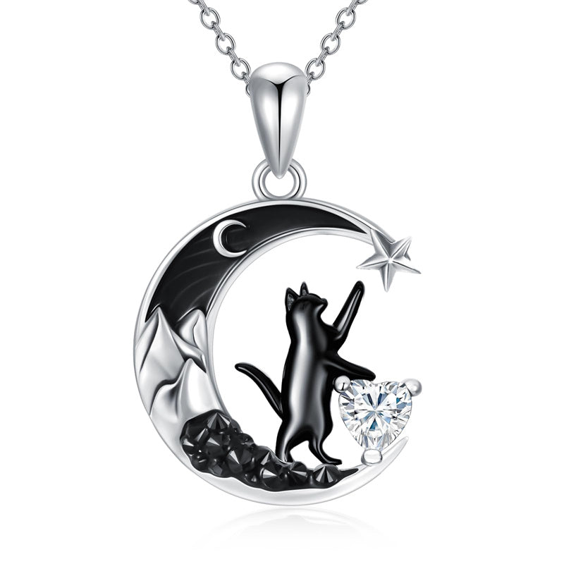 Sterling Silver Heart Birthstone Moon Star Black Cat Pendant Necklace