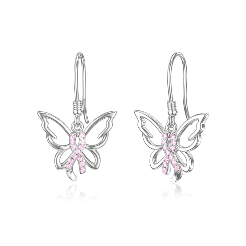 Sterling Silver Pink Ribbon Butterfly Breast Cancer Awareness Dangle Earrings