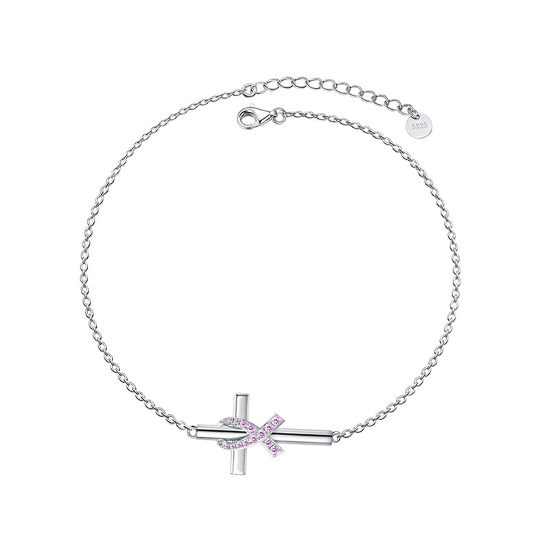Sterling Silver Butterfly Cross Breast Cancer Awareness Bracelet