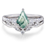 Sterling Silver Pear Kite Round Oval Cut Natural Moss Agate Leaf Engagement Wedding Promise Ring Set