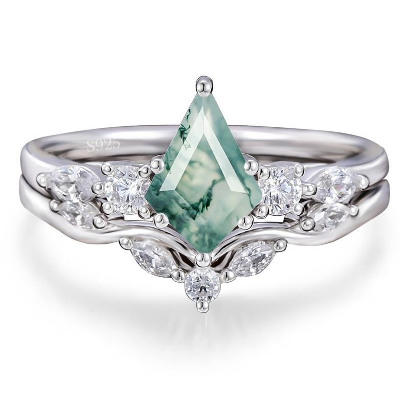 Sterling Silver Pear Kite Round Oval Cut Natural Moss Agate Leaf Engagement Wedding Promise Ring Set