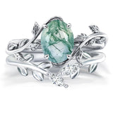 Sterling Silver Pear Kite Round Oval Cut Natural Moss Agate Leaf Engagement Wedding Promise Ring Set