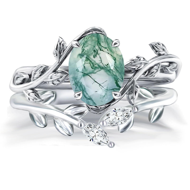 Sterling Silver Pear Kite Round Oval Cut Natural Moss Agate Leaf Engagement Wedding Promise Ring Set