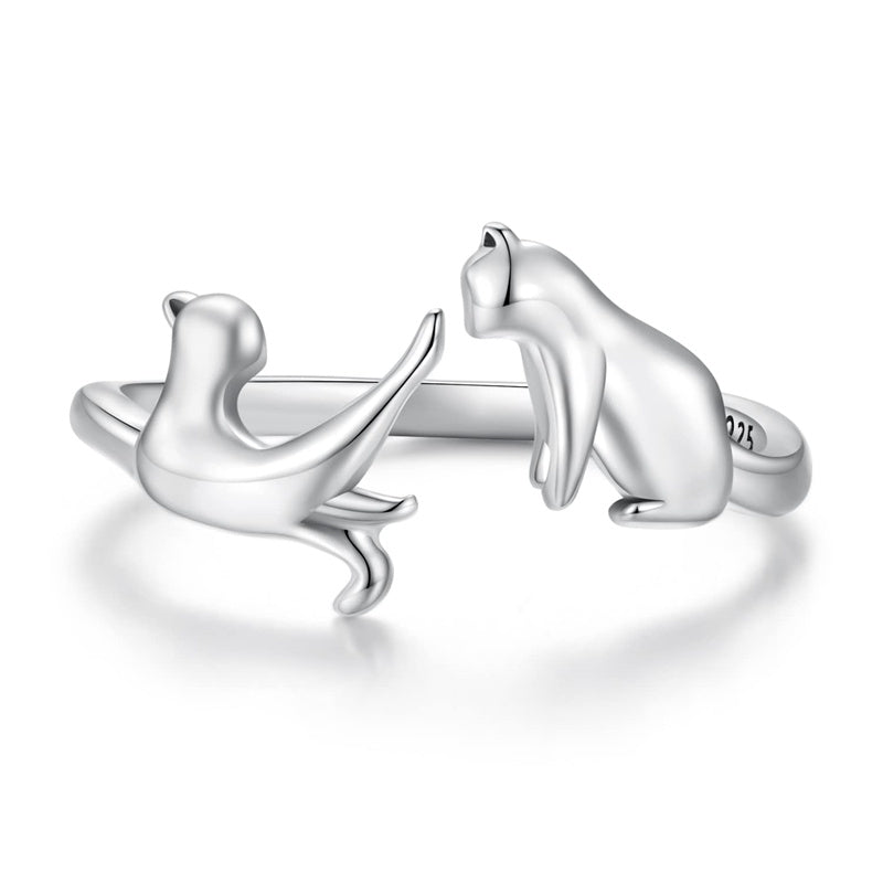 Sterling Silver Cute Cat Adjustable Ring for Women