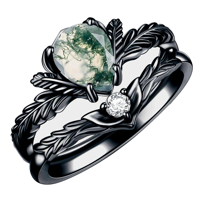 Sterling Silver Black Natural Moss Agate Engagement Ring Wedding Promise Ring Set
