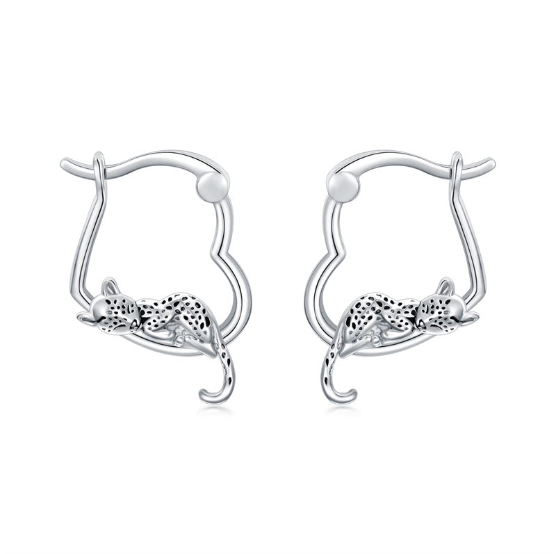 Sterling Silver Fox Frog Leopard Peacock Puppy Animal Hug Hoop Earrings