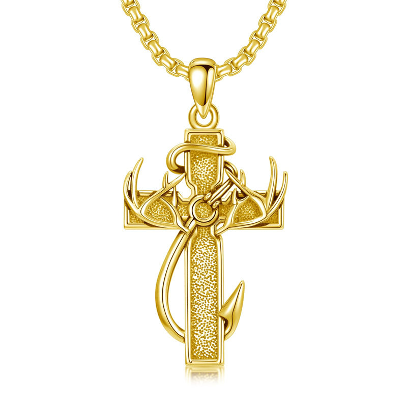 Sterling Silver Fish Hook Cross Pendant Necklace for Men
