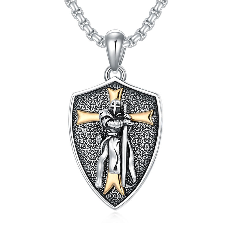 Sterling Silver Knights Templar & Cross Shield Pendant Necklace for Men