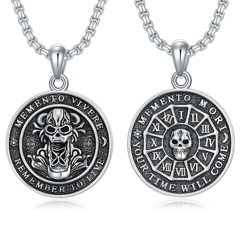 Sterling Silver Memento Mori Skull Pendant Necklace