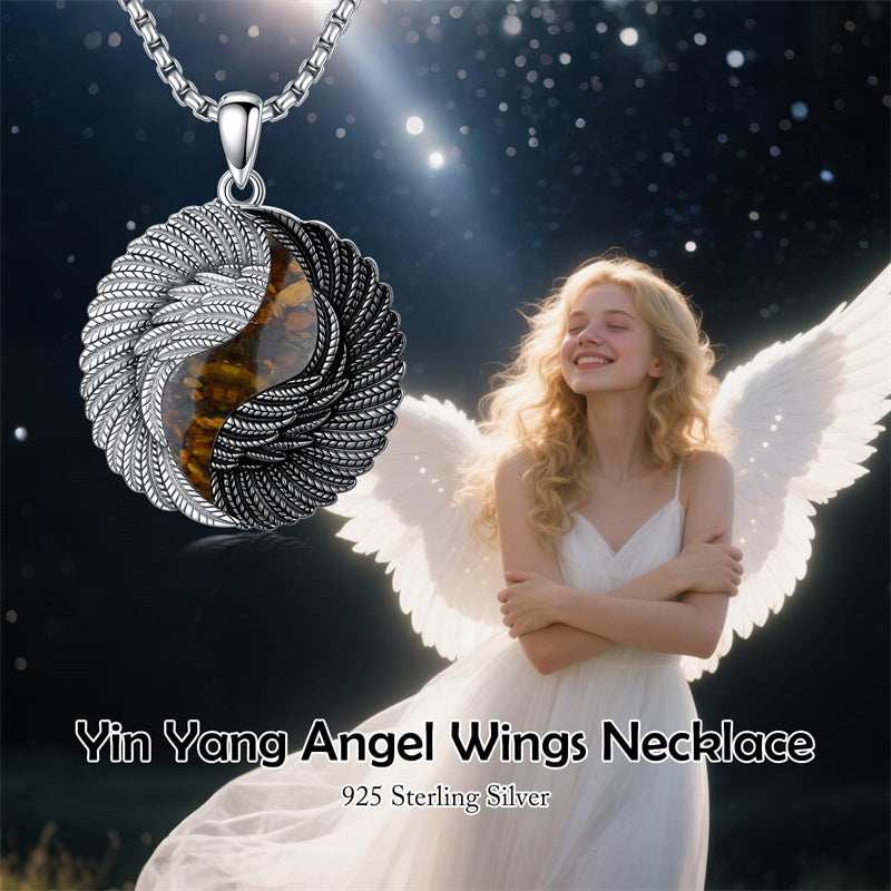 Sterling Silver Turquoise Obsidian Opal Tiger's Eye Yin Yang Angel Wings Pendant Necklace