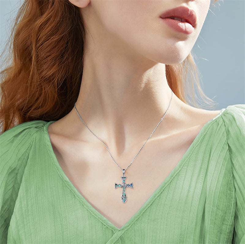 Sterling Silver Abalone Shell Turquoise Origami Cross Pendant Necklace