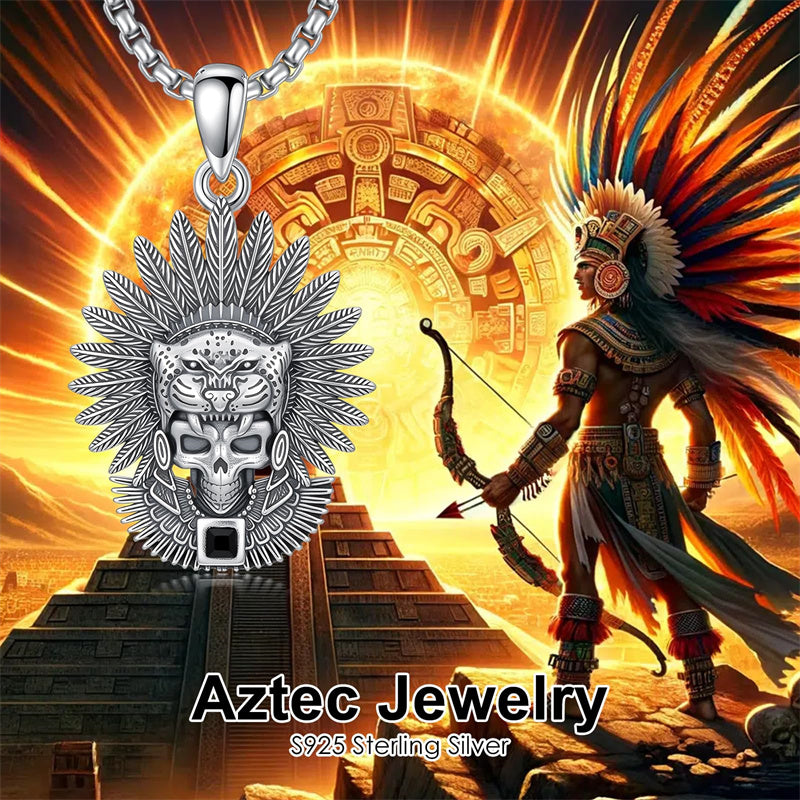 Sterling Silver Mictlantecuhtli Quetzalcoatl Tezcatlipoca Skull Pendant Necklace Aztec Jewelry For Men