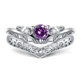 Sterling Silver Round Amethyst  Leaf Engagement Rings Set for Women