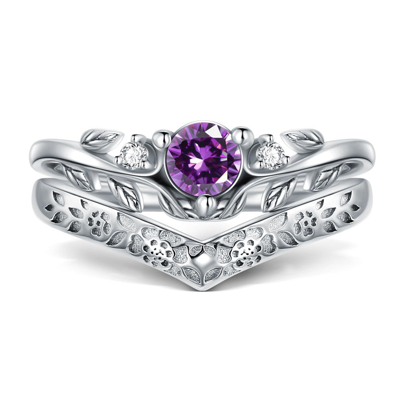 Sterling Silver Round Amethyst  Leaf Engagement Rings Set for Women