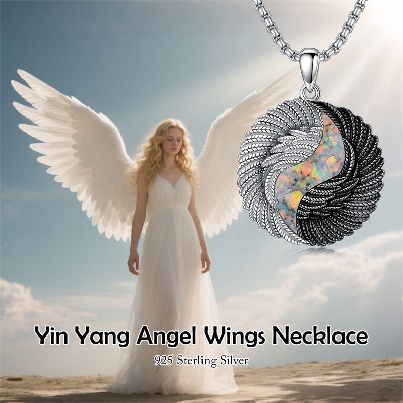 Sterling Silver Turquoise Obsidian Opal Tiger's Eye Yin Yang Angel Wings Pendant Necklace