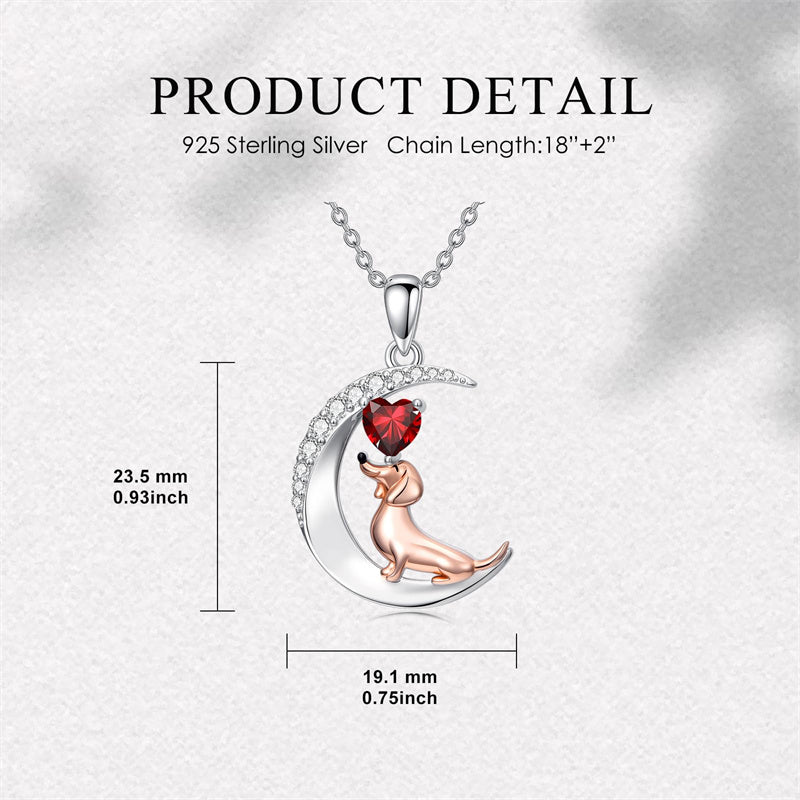Sterling Silver Heart Birthstone  Dachshund Pendant Necklace