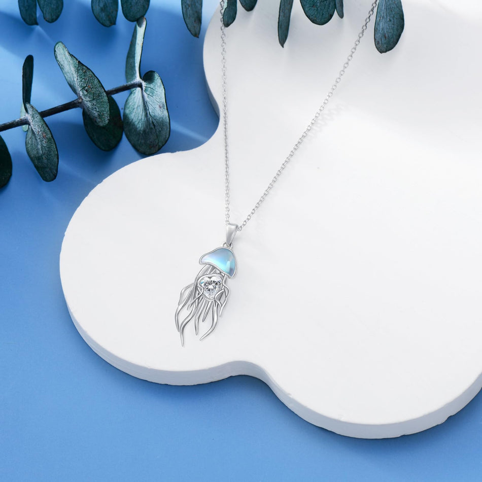 Sterling Silver Moonstone Jellyfish Pendant Necklace for Women
