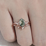 Sterling Silver 10K 14K 18K Gold  Personalized  Engraved Natural Moss Agate Engagement Bridal Wedding Ring Set