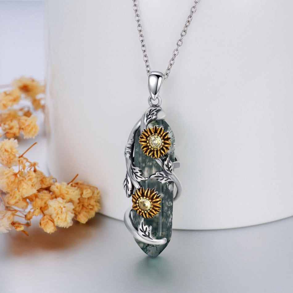 Sterling Silver Moss Agate Sunflower Pendant Necklace