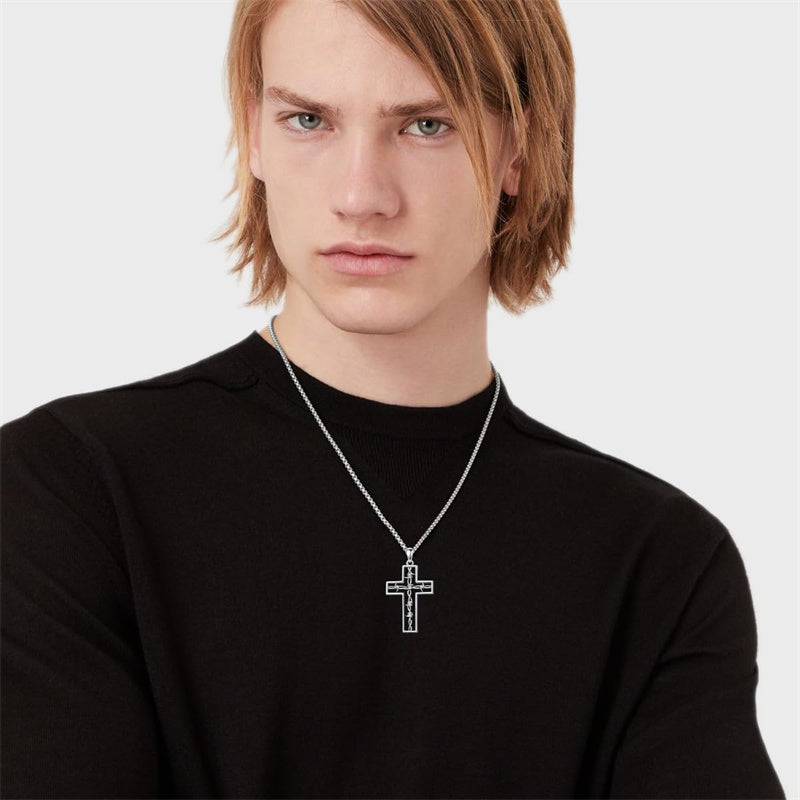 Sterling Silver Cross Christian Pendant Necklace for Men