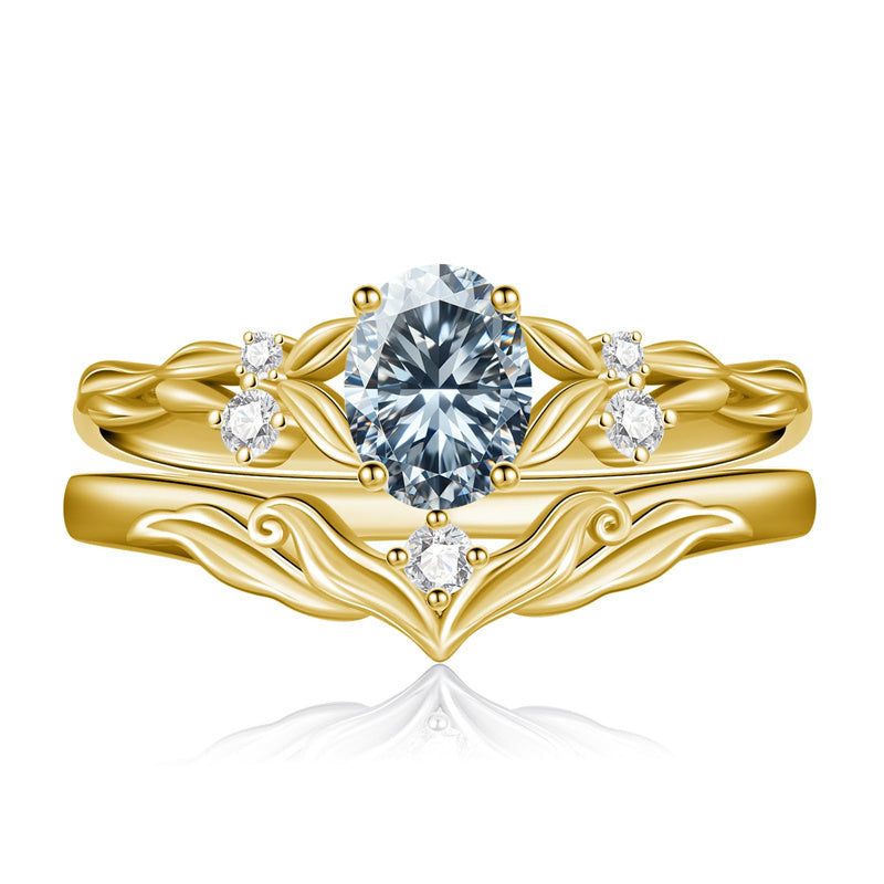 Sterling Silver 10K 14K 18K Gold  Oval Cut Unique Vine Gemstone Wedding Ring Set